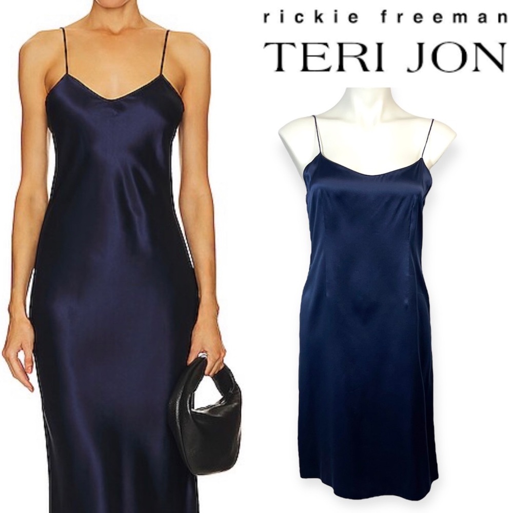 Rickie Freeman Teri Jon Silk Satin Slip Dress Navy Blue 6 Midi Spaghetti Strap - Picture 2 of 14